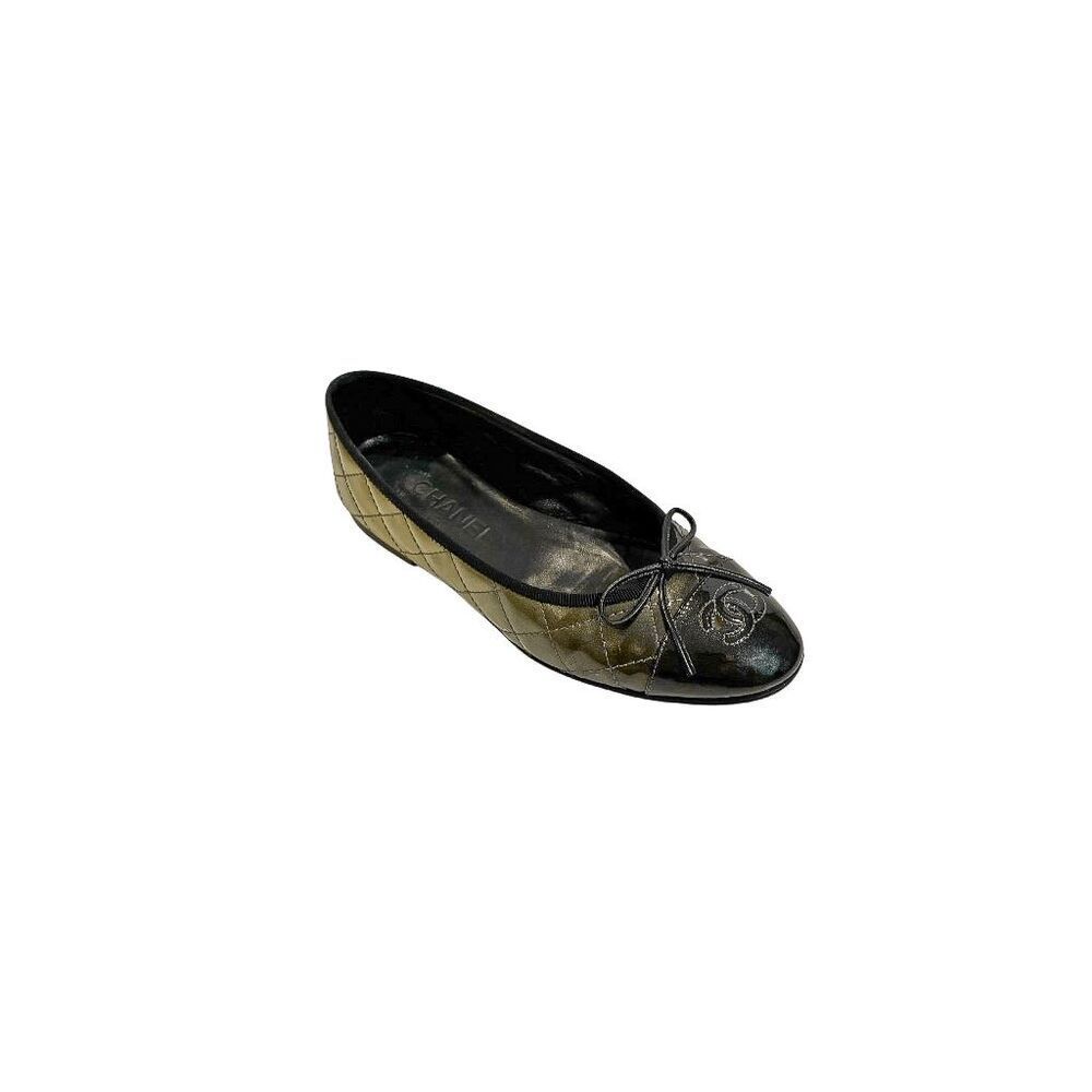 Chanel G26250 Ballet Flats EU 37 Black Patent Cap Toe CC Bow w/ Box Dust Bags